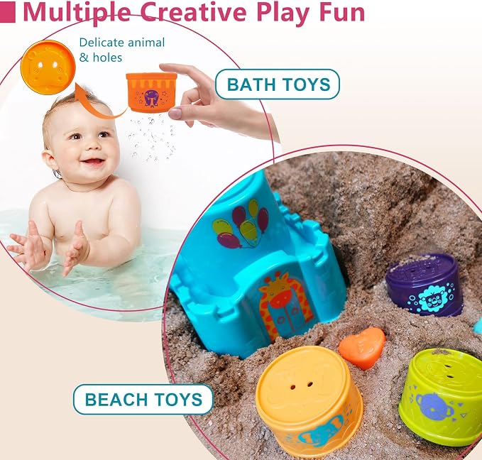 LTKFFFdp Baby Stacking Toys for Toddlers 1-3, Nesting Cups Shape Sorter for Infant 6 to 12-18 Month, Stackable Learning Toy with Blocks, Rattle & Frog Bath Toy, for Girl Boy Birthday | with Rattle & Frog, Outside/Bath/Beach/Playpen Toys for 1 Year Old ...