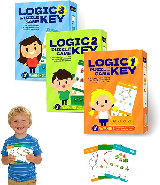 3 Levels Difficulty Toddler Preschool Educational Logic Key Toys, 64 Active Logic Flashcard Puzzles, for Kids with Card Base & Key,Logic Puzzle for Kids (3)