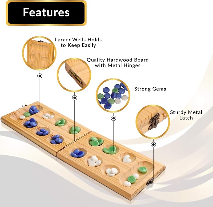 Hi Q Mancala Board Game, 2 Player Classic Strategy Table Games for Kids & Adults - Wooden Folding Board, 48 Marbles - Ages 6+