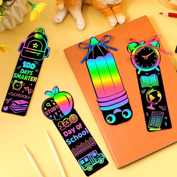 JUNEBRUSHS 30Pcs 100 Days of School Scratch Bookmarks, Rainbow Magic Scratch Paper Art for Kids 100 Days of School Craft for 100th Day of School Gifts Activities Project Party Favors