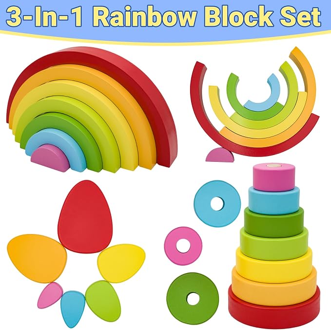 MEGRANATE Montessori Wooden Rainbow Stacking Toys for Kids Wood Building Blocks Nesting Puzzle Toy Colorful Stacker Arch Game Sensory Educational Learning Toys for 3+ Year Old Kids