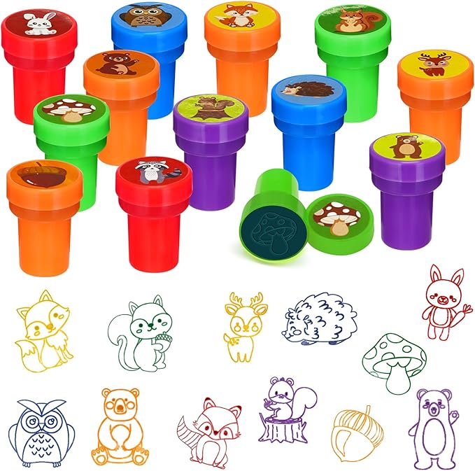 Cinrobiye 24 Pcs Woodland Animals Stampers Party Favor Set, Cute Forest Animal Stamps for Kids Birthday Party, Classroom Rewards, Nature Learning Toys, Goody Bag Fillers