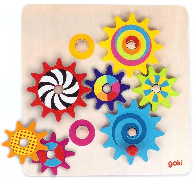 Goki Wooden Spinning Gears 8-Piece Montessori Educational Toys for 3 Year Old STEM Cause & Effect Building Set for Fine Motor Skills & Logical Thinking I Sensory Toys for Toddlers I Gifts for 3+