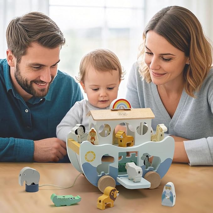 Joyreal Wooden Noah's Ark Toy for 1 Year Old Baby Boy and Girl Baptism Gift | Neutral Color, Montessori Educational Toy, Animal Shape Sorter, Christian Toys for Toddler 1-3, Christmas Birthday Gift