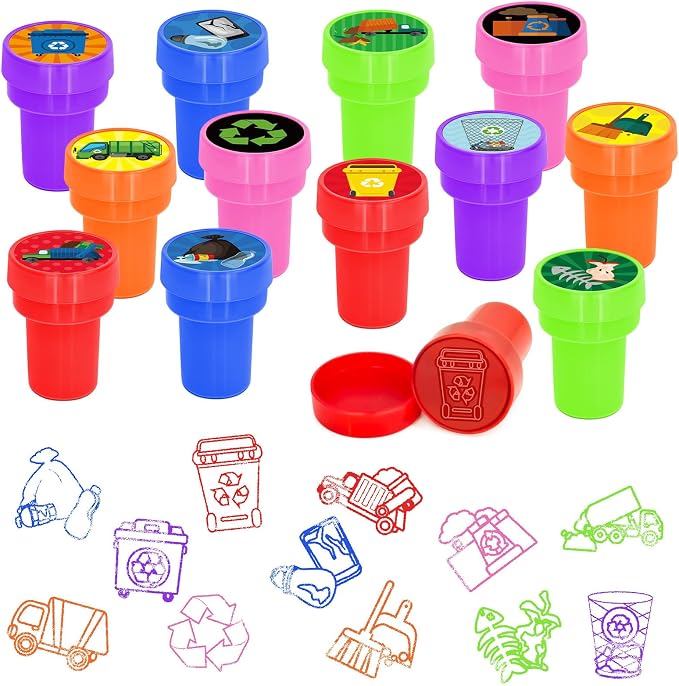 Cinrobiye 24 Pcs Garbage Truck Stampers Party Favor Set, Cute Waste Truck Stamps for Kids Birthday Party, Classroom Rewards, City Vehicle Toys, Goody Bag Fillers, Transportation Themed Party Supplies
