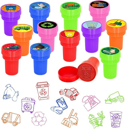 Cinrobiye 24 Pcs Garbage Truck Stampers Party Favor Set, Cute Waste Truck Stamps for Kids Birthday Party, Classroom Rewards, City Vehicle Toys, Goody Bag Fillers, Transportation Themed Party Supplies