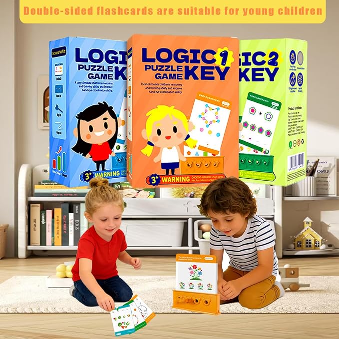 3 Levels Difficulty Toddler Preschool Educational Logic Key Toys, 64 Active Logic Flashcard Puzzles, for Kids with Card Base & Key,Logic Puzzle for Kids (3)