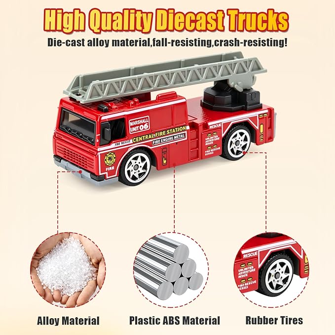 6 Pack Diecast Fire Truck, Mini Alloy Fire Truck Toy for Toddlers 3-5 Firetruck City Emergency Cars Toys Set for Kids Boys Age 3 4 5 6 7 Years Old Goodie Bag Stuffers Birthday Gift