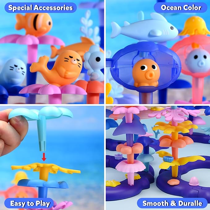 Doloowee 156Pcs Marine Coral Flower Garden Building Toys for Girls Age 3-8 | 156pcs BPA-free marine coral & ower garden building toys in a storage box. Screen-free STEM gift for girls ages 3-8.