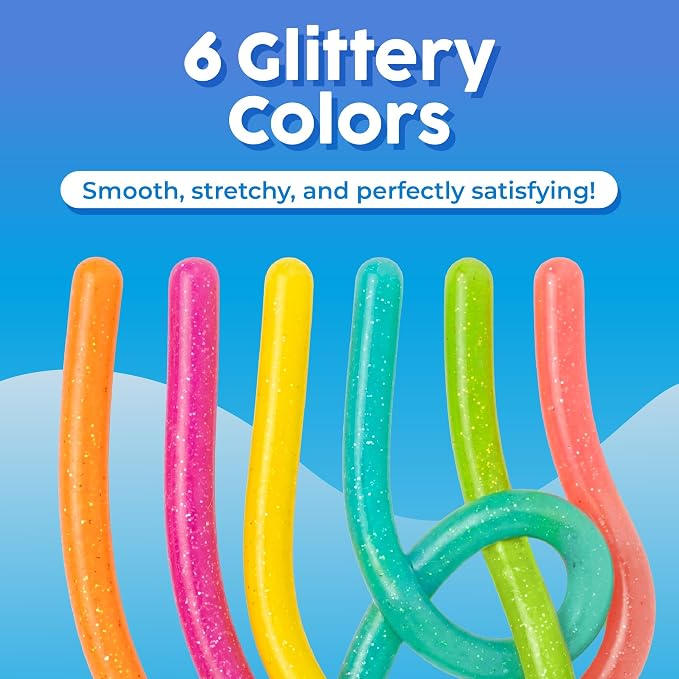 BUNMO Sensory Toys Stretchy Strings for Toddlers 3+ - Stimulating & Addictive Fidget Toys for Kids - Hours of Fun for Kids - Non-Mouthable Toy 3+ - Glitter 6 Pack