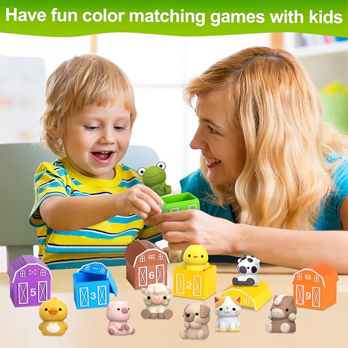 Farm Animal Toys for Toddler 1-3 Year Old, Montessori Toy Gift for Boy Girl | 10 Farm Animal Toys & 10 Barns, Counting, Matching & Sorting Educational Sensory Toys, Christmas Birthday Gift for Baby 1-3