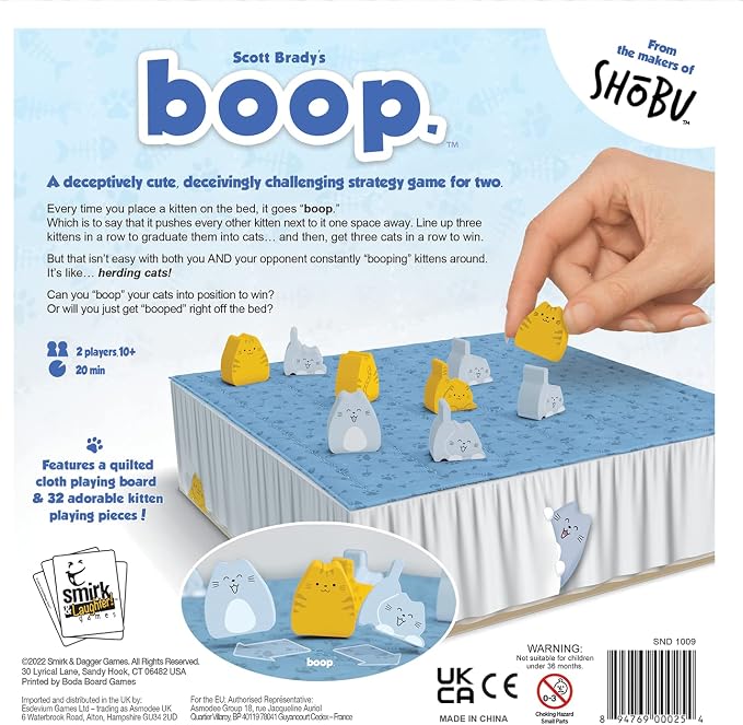 Smirk and Dagger BOOP 2-Player Cat Strategy Board Game | Place Kittens on the Quilted Bed Board Without Getting Booped Off, 32 Wooden Cat Pieces, 20-30 Minutes, Ages 10+