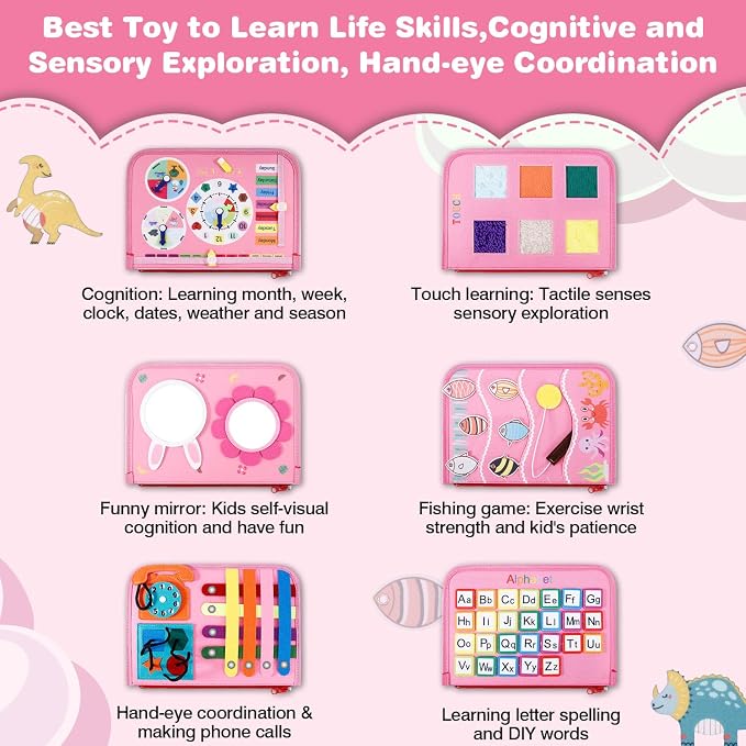 Busy Board, Sensory Board Travel Toys Gifts for Girls Boys, Montessori Toys to Learn Fine Motor Skills, Educational Activities Busy Book for Airplane Car (Pink)