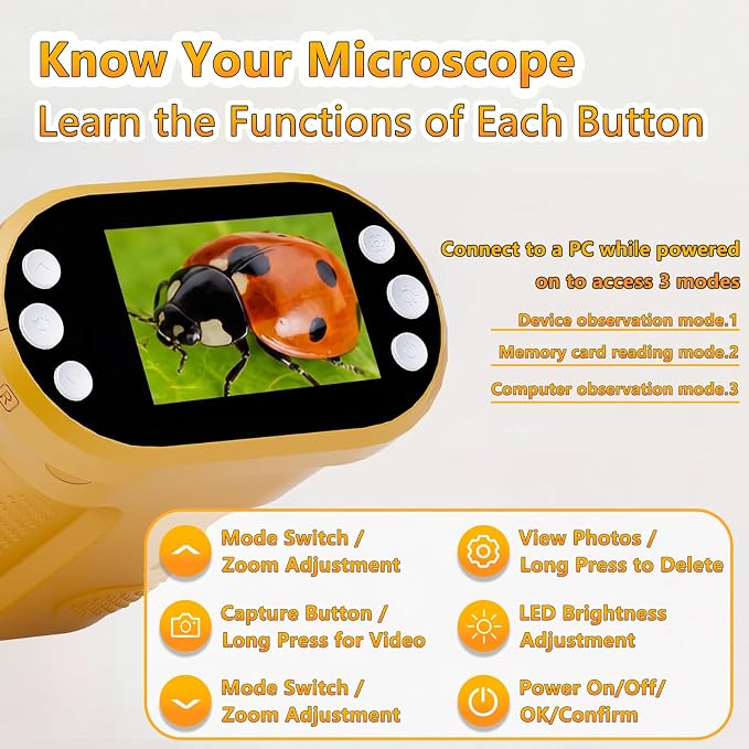 Kids Digital Microscope, 1000X Handheld Pocket Microscope STEM Science Toy | 2.0" IPS Screen, 8 LED Lights, Photo & Video Capture, Rechargeable Design, Educational STEM Gift for Kids Ages 3-12