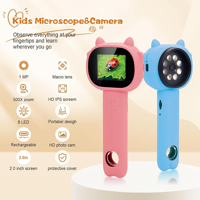Microscope for Kids - 2.4" Screen Mini Pocket Handheld Microscope for Toddlers-STEM Educational Science Kit Toys for Christmas Birthday Gifts Science Kit Toddler for Boys Girls Aged 3-12 (Pink)