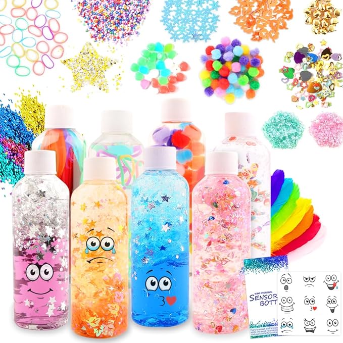 Calm Down Sensory Bottles for Calm Down Corner Items, Calming Sensory Toys, Sensory Bottles for Social Emotional Learning with Glitter Pom Poms and More