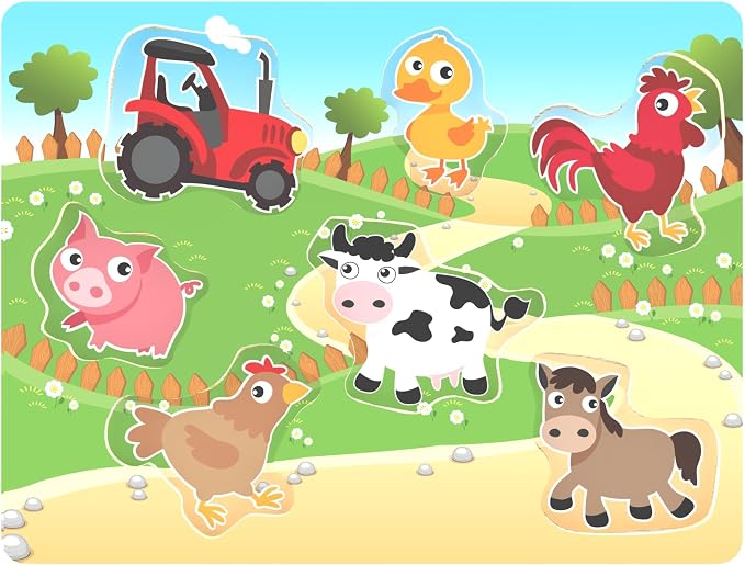 Wooden Puzzles Farm Chunky Baby Puzzles Peg Board, Full-Color Pictures for Preschool Educational Jigsaw Puzzles, 7Pieces