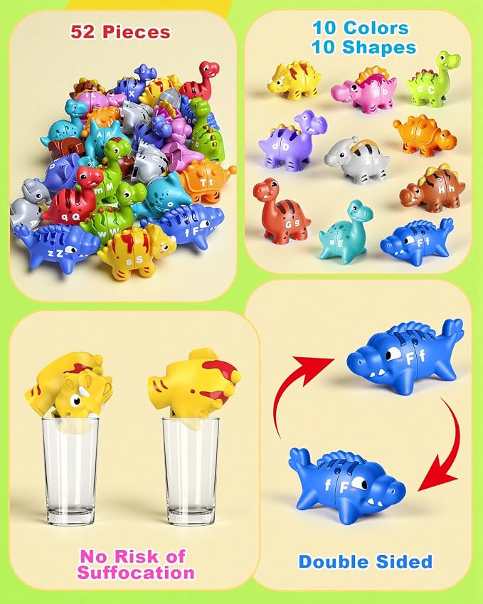Dinosaur Alphabet Learning Toys for Toddlers Kids 3-5, 10 Unique Dinos | 26 Colorful Alphabet Dinosaurs | Child-Friendly Design | Learning Feels Like Play | Fine Motor Toys | Perfect Toddler Gift