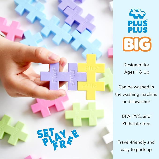 PLUS PLUS Big 100 Piece Pastel - Large Building Blocks for Toddlers | Quiet Stem Toys for Toddlers, Prek Classroom Essentials, Waffle Blocks Jumbo, Stem Bins for Classroom, Sensory Bins