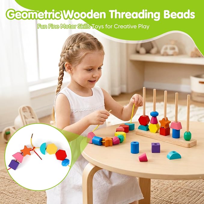 Montessori Wooden Threading Beads Set for Toddlers 3 4 5, Bead Sequencing & Stacking Toy with Pattern Cards, Lacing Beads, Shape Matching Stacker, Fine Motor STEM Learning Gift