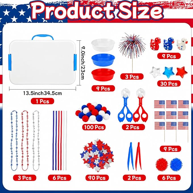 Cinrobiye 186 Pcs 4th of July Sensory Bin Fillers Set, Independence Day Sensory Bin Activity Kit with Storage Box, Sensory Bin Supplies, Fourth of July Crafts, Patriotic Party Activities