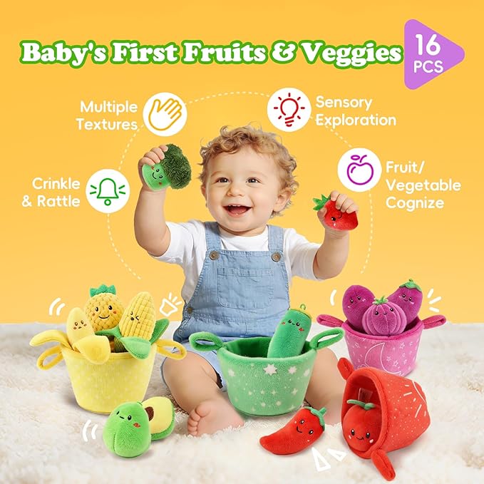 SAIMAND Baby Toys 6-12 Months,16PCS Montessori Plush Sensory Play Food Gift | Color Sorting Fruit & Vegetable Sensory Toys for Babies, Soft Play Food with Crinkle & Rattle,Gifts for 1-Year-Old Boys&Girls