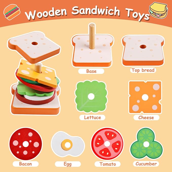 Pajojoqa Wooden Sandwich Stacking Toys, Montessori Toys for Toddlers Kitchen Play Food Educational Preschool Learning Toys Christmas Birthday Gift Kids Toys for Boys Girls 3 4 5 Years Old (Sandwich)