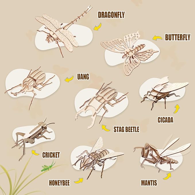 ELX Wooden 3D Puzzles for Kids 6+, 8 Piece Set Insect Animal Models, Wood Building Kits DIY Wooden Crafts Stem Toys peresents for Kids and Adults