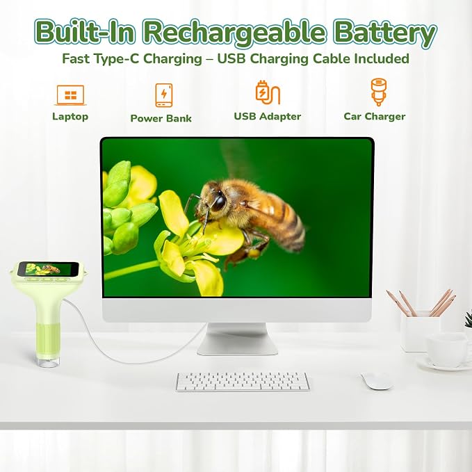 Kids Digital Microscope with 3-Inch Screen: STEM Toy Science Gift Ages 4-12 | 32GB Card, 1000X Zoom, Rechargeable, Photo/Video, Connect to PC, 8 LEDs, 6 Brightness Levels, One-Touch Capture