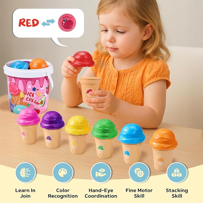 JoyCat Ice Cream Toy Set for Toddlers 1-5,Color Sorting & Stacking Toys | Match colors, stack scoops and serve pretend ice cream; included 7 cones and scoops support counting and little-hand play