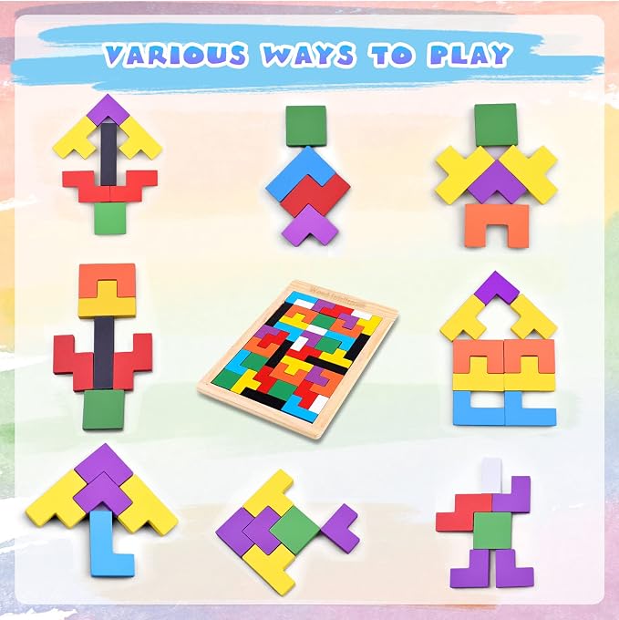 FFTROC Wooden Puzzles for Kids Ages 4-8 8-10 Thick Colorful 3D Russian Blocks and Brain Teaser Tangram Jigsaw STEM Intelligence Toys Educational Gift for Toddlers 3 4 5 6 7 Years Old Boys Girls
