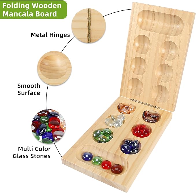 Offelec Mancala Board Game Set, Wooden Folding Board with 48 Colorful Glass Stones | Portable Travel Games for Adults | Classic 2 Player Strategy Game for Family Night