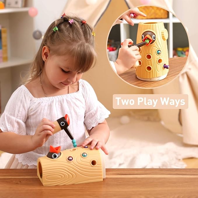 TOP BRIGHT Montessori Toys for 2 Year Old Gift, Magnetic Bird Feeding Game | Builds fine motor skills, Toddler sensory toys age 2-4, Woodpecker Worms Toy, Hand-eye coordination, Non-toxic Wood