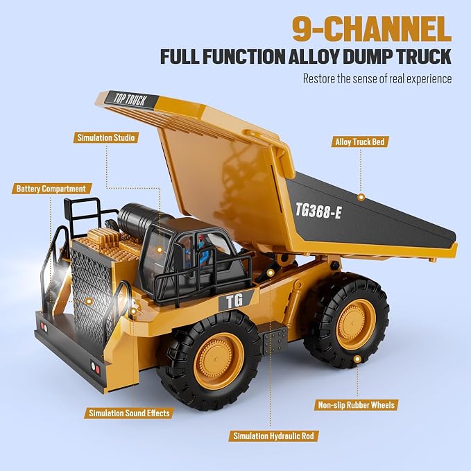 KIDMARKT RC Dump Truck Toy for Kids | 9-Channel Metal Construction Vehicle with Working Bed, Lights & Sounds, Rechargeable Remote Control Truck for Boys Ages 3-12, Durable STEM Gift for Birthday 2026