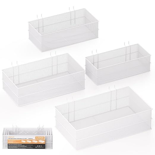 INCLY 4 Pack Upgrade Pegboard Baskets, 4 Sizes Square Metal Mesh Basket | Peg Board Organizer Accessories, For Garage Craft Room Office Kitchen, Pegboard Baskets and Bins