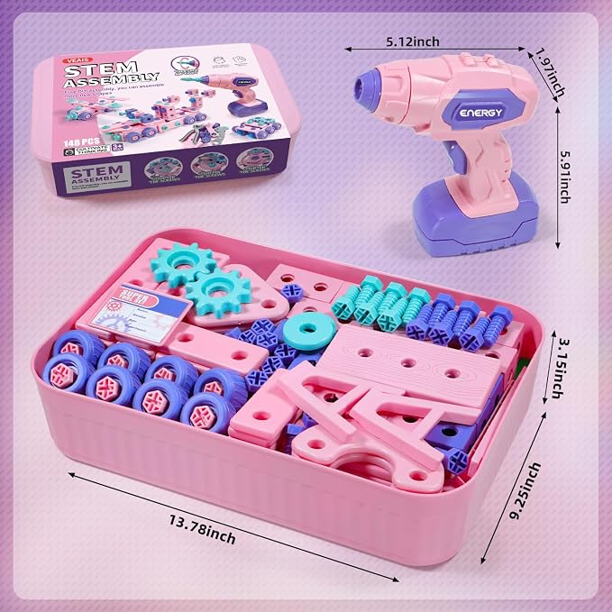 VEAIS Pink Kids Tool Set for Girls,Tool Set with Drill &Toolbox,STEM Montessori Toys for 3 4 5 Year Old,Pretend Play Kid Toy,Educational Construction Toy for 3-6 Year Old Girl,Birthday Gift for Kids