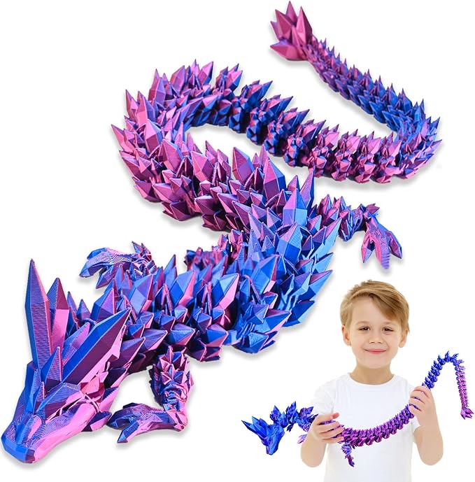 30 Inch Large 3D Printed Dragon 76cm Long Fidget Toy Gift Decor | Flexible Giant Articulated Dragon Toy, Home Desk Decoration, Birthdays Christmas Gift for Kids Boys Girls Adults, Red Blue