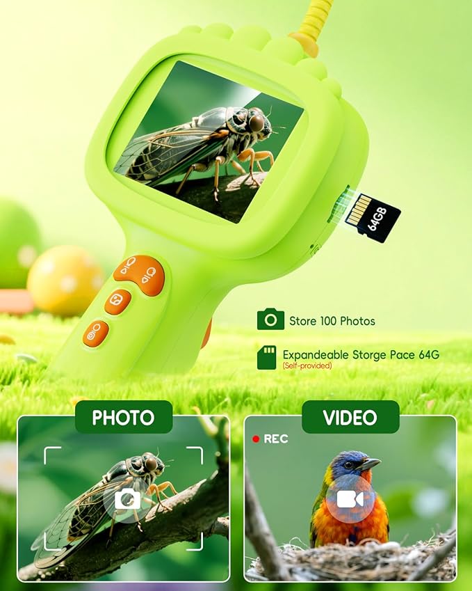 Borescope Camera with Light for Kids, Ashfly STEM Science Educational Toy for 3 4 5 6 7 8 Years Old Boys & Girls, 2.4" Screen Snake Scope Camera for Birthday Outdoor Camping Nature Exploration-Green