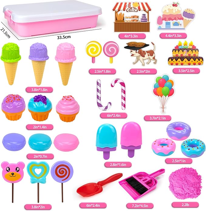 Hymaz Play Sand Kit for Girls, Ice Cream Sensory Bin Sandbox | Creative Bake Shop with 2.2lbs Magic Sand, Ice Cream & Cake Models, Cleaning Tools, Pretend Beach Cake Stand Toys Gift