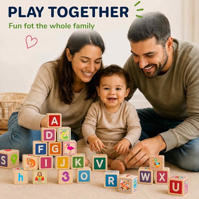 Quokka Wooden Blocks for Toddlers 1-3 - 26 Counting ABC Learning Baby Blocks for Kids 3-5 Year Olds Stacking Alphabet Wood Toys for 2-4 Ages - Developmental Toys with Letters Numbers from 12-18 Month