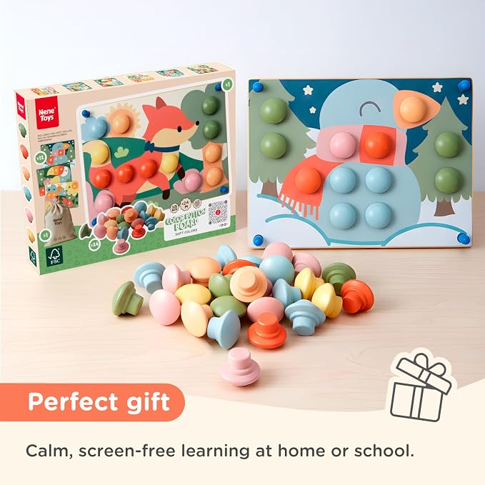 Nene Toys Wooden Color Matching Pegboard for Toddlers 2+ - Pastel Button Art Mosaic Puzzle with 24 Wooden Pegs & 12 Pattern Cards - Montessori Fine Motor Toy for 2 3 Year Old Boys Girls
