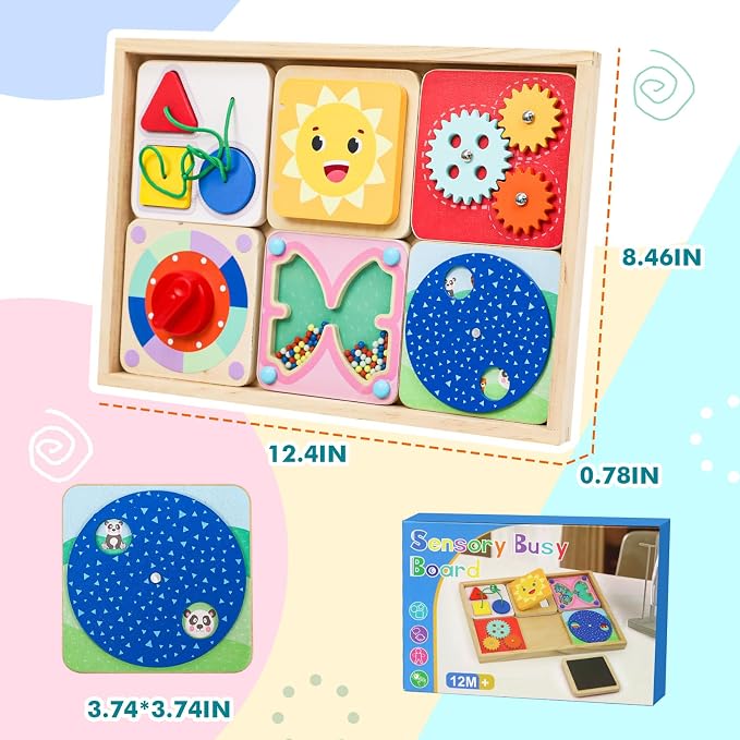 Ancaixin 6-in-1 Montessori Busy Board for 1 Year Old, Magnetic Sensory Toys | Wooden Activity Busy Board for 12+ Months Baby, Fine Motor Skills Toys for Boys & Girls, Birthday Gifts 1 2 3