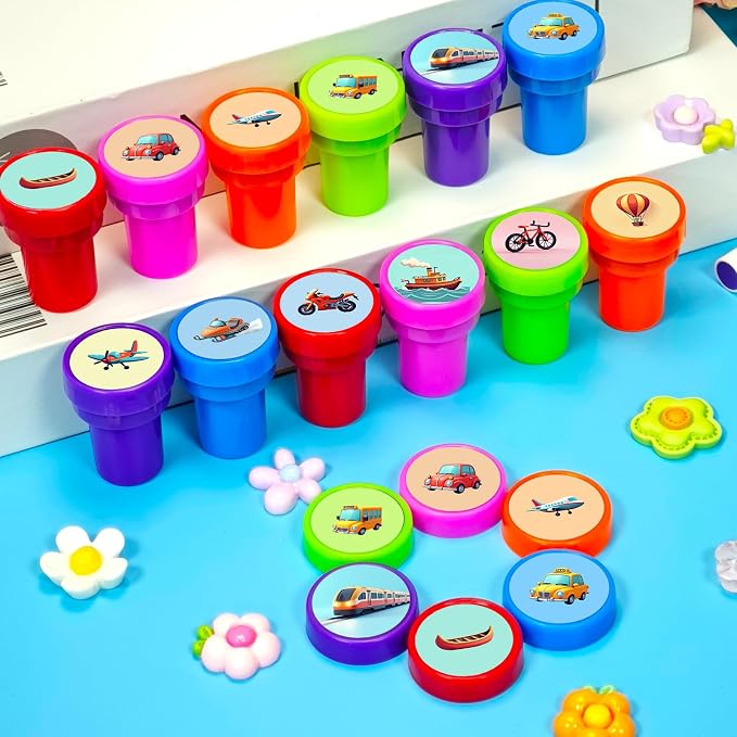 Cinrobiye 24 Pcs Transportation Stampers Party Favor Set, Cute Vehicle Stamps for Kids Birthday Party, Classroom Rewards, Educational Learning Toys, Goody Bag Fillers, Themed Party Supplies