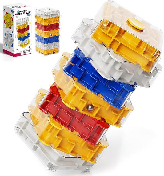 3D Maze Cube Ball Puzzle Brain Teaser for Adults & Kids, Educational Learning Toys Logical Thinking, Family Board Games Tabletop, Durable Puzzle Cube (White&Blue&Red&Yelllow, 2.4x2.4x5.6)