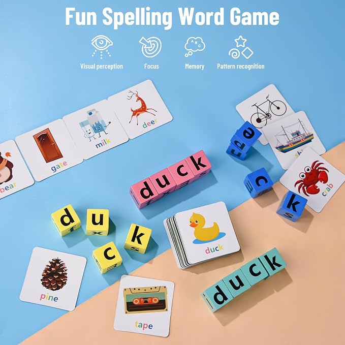 DragonflyDreams Wooden Blocks Spelling Game, Wooden Alphabet Puzzles Blocks | Matching Letter Game Kids Toys Alphabet Spelling Montessori Learning Toy Early, Learning Toys for Kids Ages