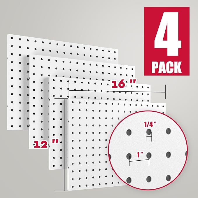 Spampur 4 Pack Peg Board Organizer, Includes Metal PegBoard and Accessories | 16"x12" White Pegboard Panels with 50 Pcs Hooks and Baskets, Wall Organizer for Office, Craft Room, Garage, Sewing Room