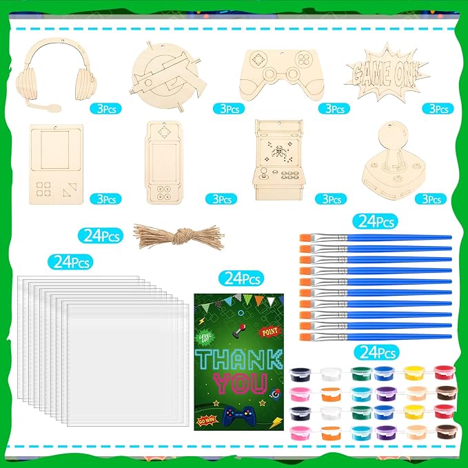 Saypacck 24 Pcs Video Game Party Favors Wooden Paint Craft Kits | DIY Craft for Kids Adults, Includes Brushes Paints Bags, Goodie Bag Fillers, Thank You Gifts, 8 Gaming Controller Designs