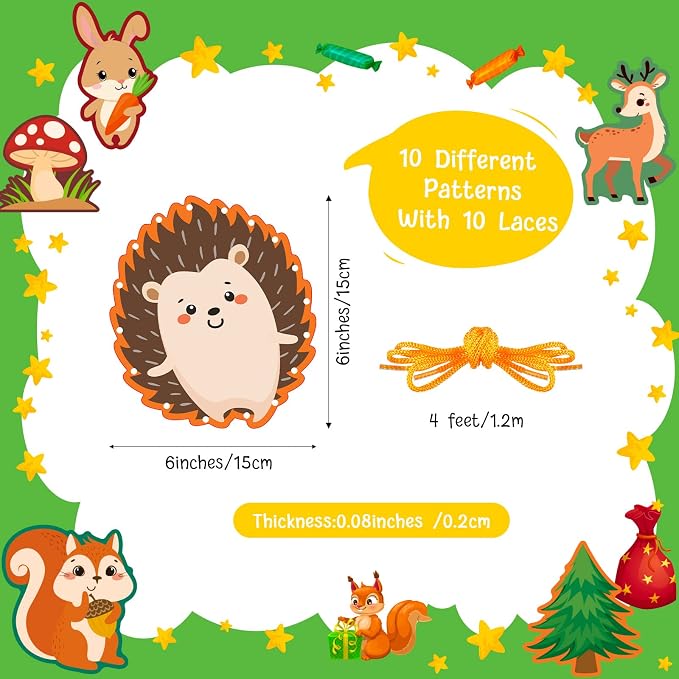 Pajean 10 Pcs Kids Lacing Cards Double Sided Animal Sewing Cards Kits 10 Styles Lacing Toy Crafts for Toddler Ages 6+ Developing Imagination Preschool Learning Activity Supplies(Forest Animals Style)