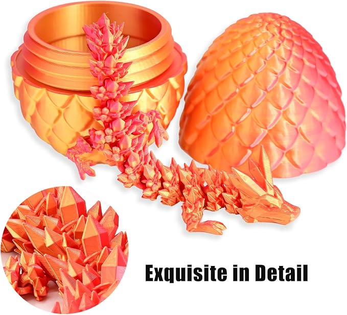 12" 3D Printed Dragon Eggs with Dragon, Articulated 3D Fidget Toys for Kids | Crystal 3D Dragon Toys for Boys Girls, Small 3d Printed Animals, Dino Dinosaur Eggs Toys, Easter Basket Stuffers（Red Gold）