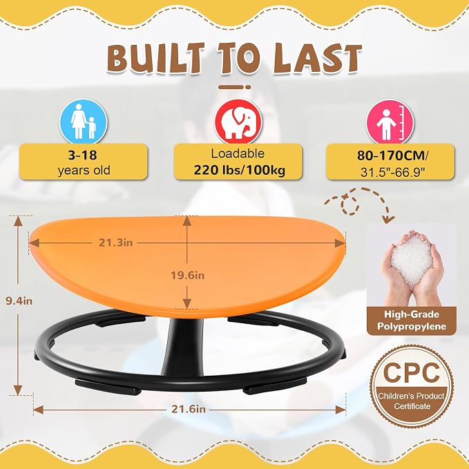 Zhenx Spinning Chair for Autistic Kids (Ages 3-18), Autism Sensory Toy Gift | 220LBS Capacity Sensory Swivel Seat for ADHD Kids, Autism Sensory Products, Calming Gift Improve Focus & Body Balance(Orange)